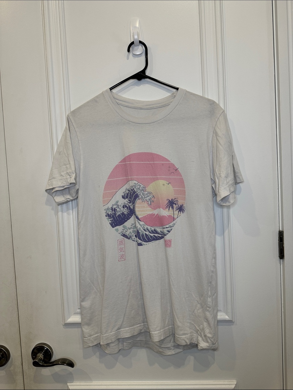 White Short-Sleeve Graphic Tee with Pastel Wave Sunset